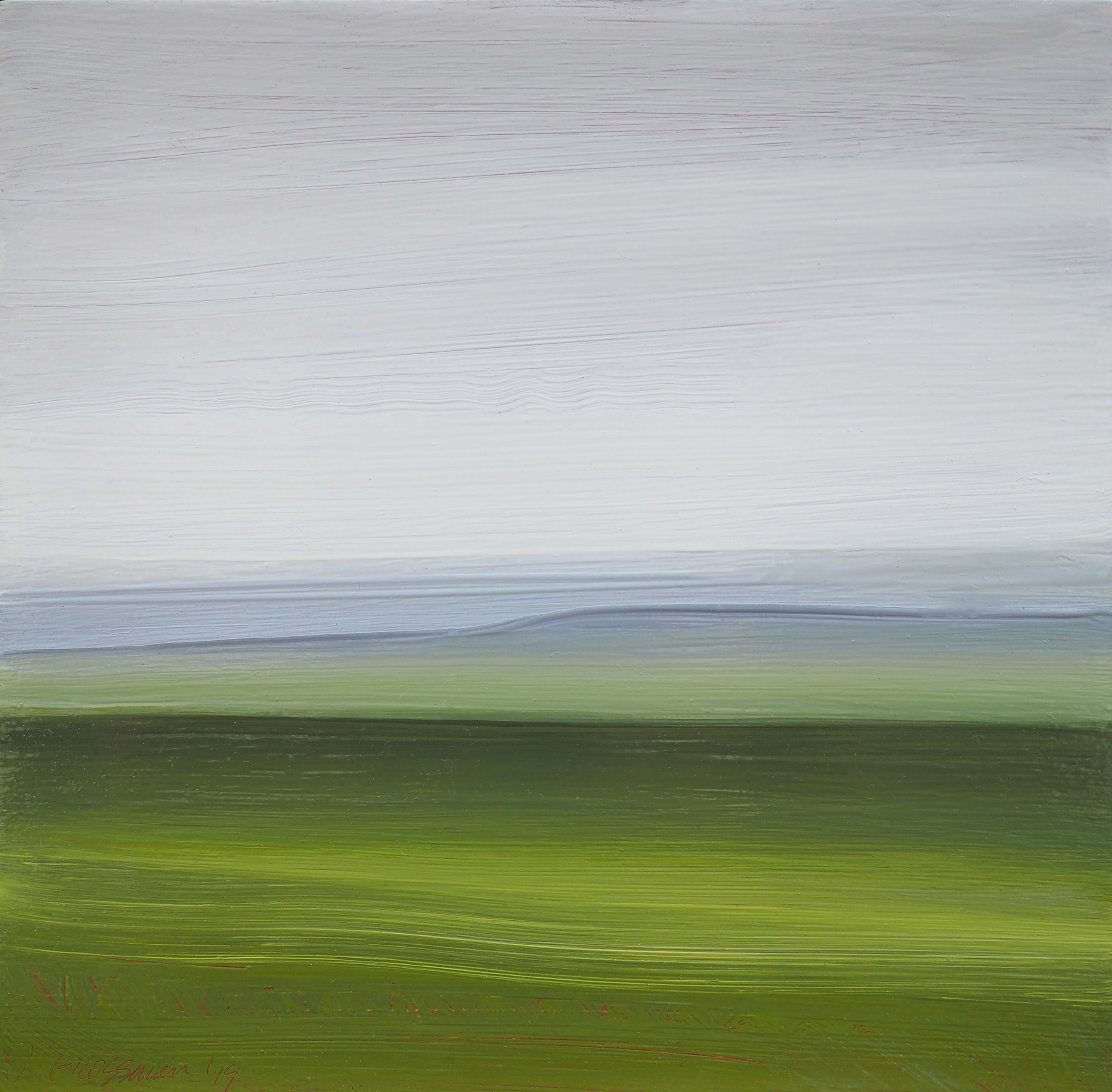 Horizontal abstract landscape with soft, horizontally-streaked brushwork. The composition is divided into distinct bands of color: pale gray-white sky at top, steel blue water in the middle, and vibrant lime and moss green fields at bottom, creating a minimalist representation of a coastal or lakeside vista.