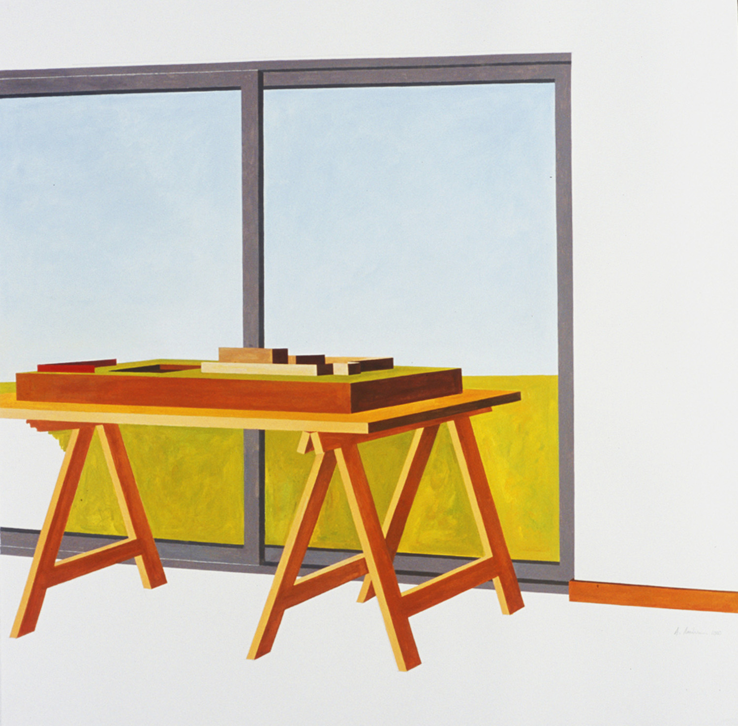 Geometric abstract composition featuring a wooden sawhorse table with red and yellow supports holding a tiered arrangement of colored wooden blocks in warm tones. The table sits before a large window with gray frame and light blue panes, set against a cream wall with a bright yellow horizontal band at the base.