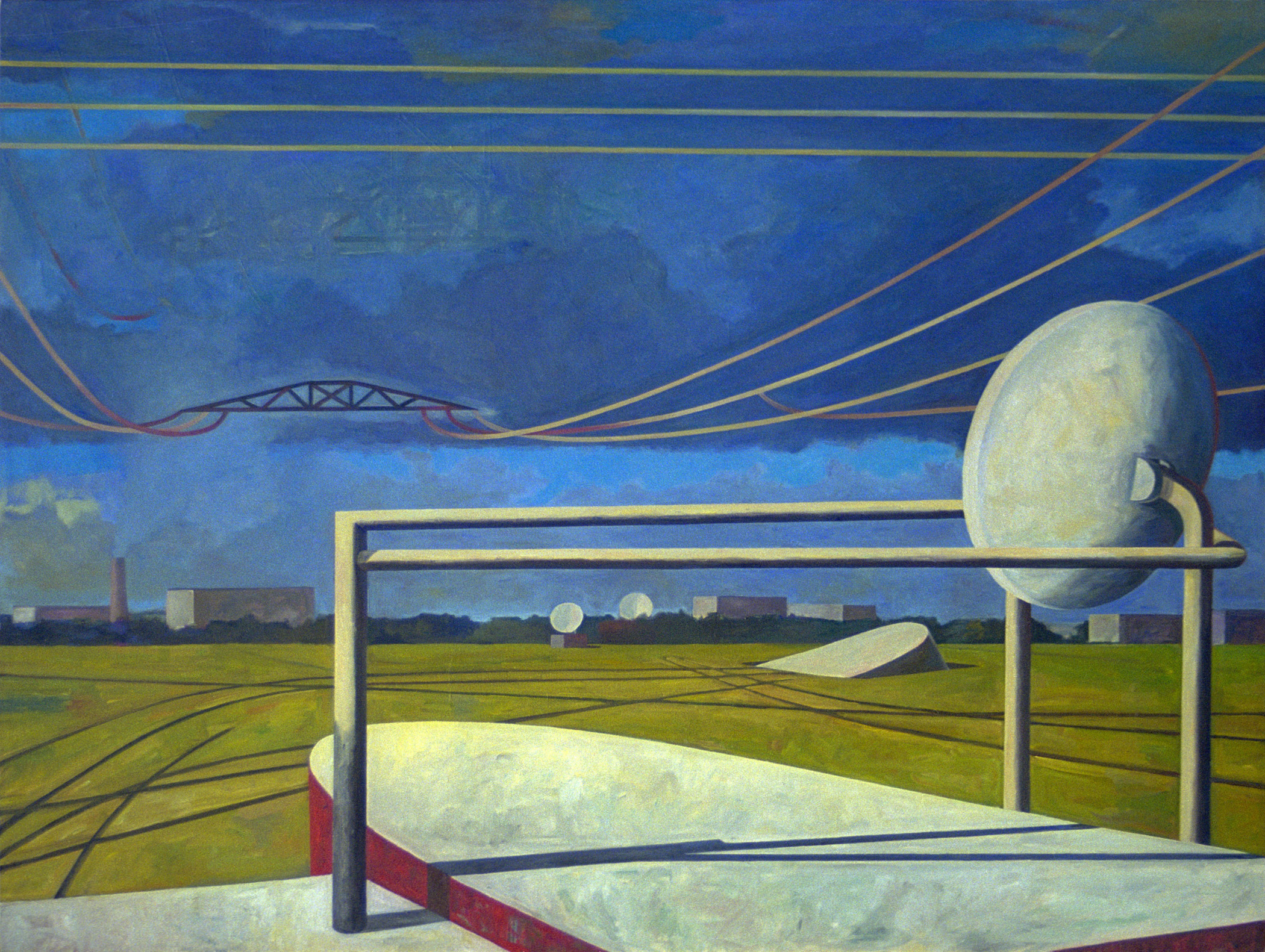A modernist painting depicting an industrial landscape with geometric forms in the foreground—including a white satellite dish and rectangular structures in shades of cream and red—overlooking vast green fields under a deep blue sky traversed by yellow power lines and a bridge silhouette.
