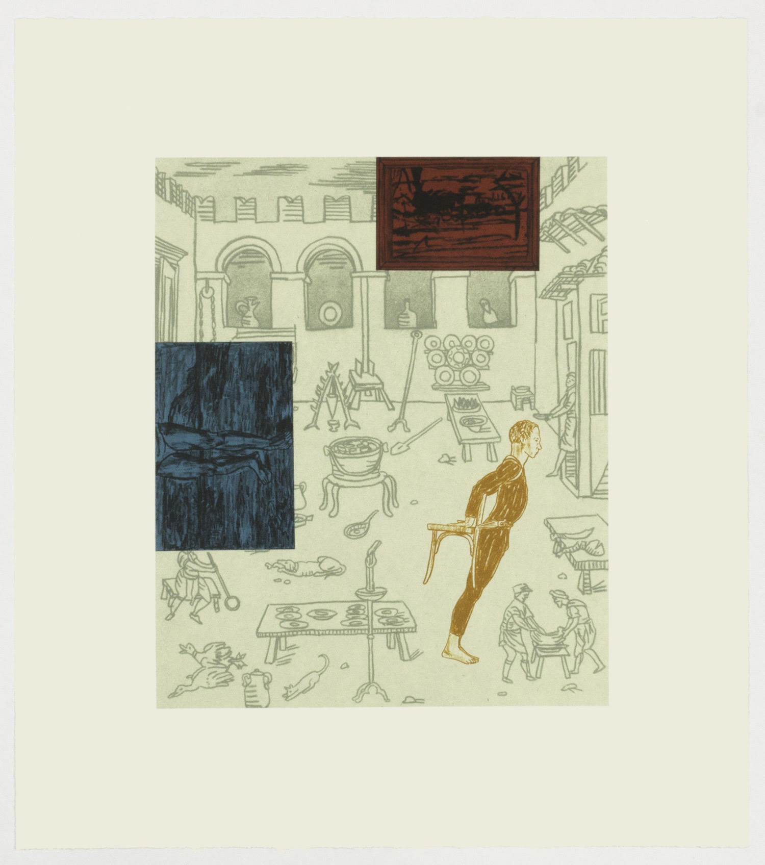 A six-color lithograph depicting an interior Roman or classical scene rendered in pale green line drawing, overlaid with three colored rectangular forms—a dark blue rectangle on the lower left, a dark reddish-brown rectangle in the upper center, and a golden-brown figure of a standing man in the right-center portion. The interior shows architectural details, vessels, and multiple figures engaged in domestic activities across a tiled floor.