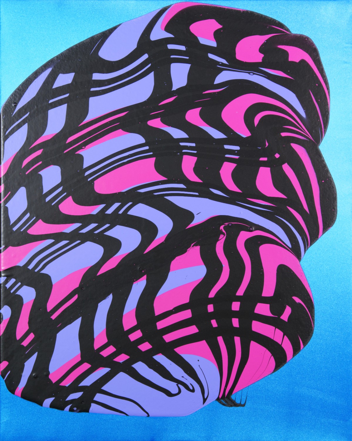 A stylized profile head rendered in bold black outlines against a bright cyan blue background, filled with alternating magenta pink and periwinkle blue organic, flowing shapes that suggest facial features and internal structure in an abstract, expressionistic manner.