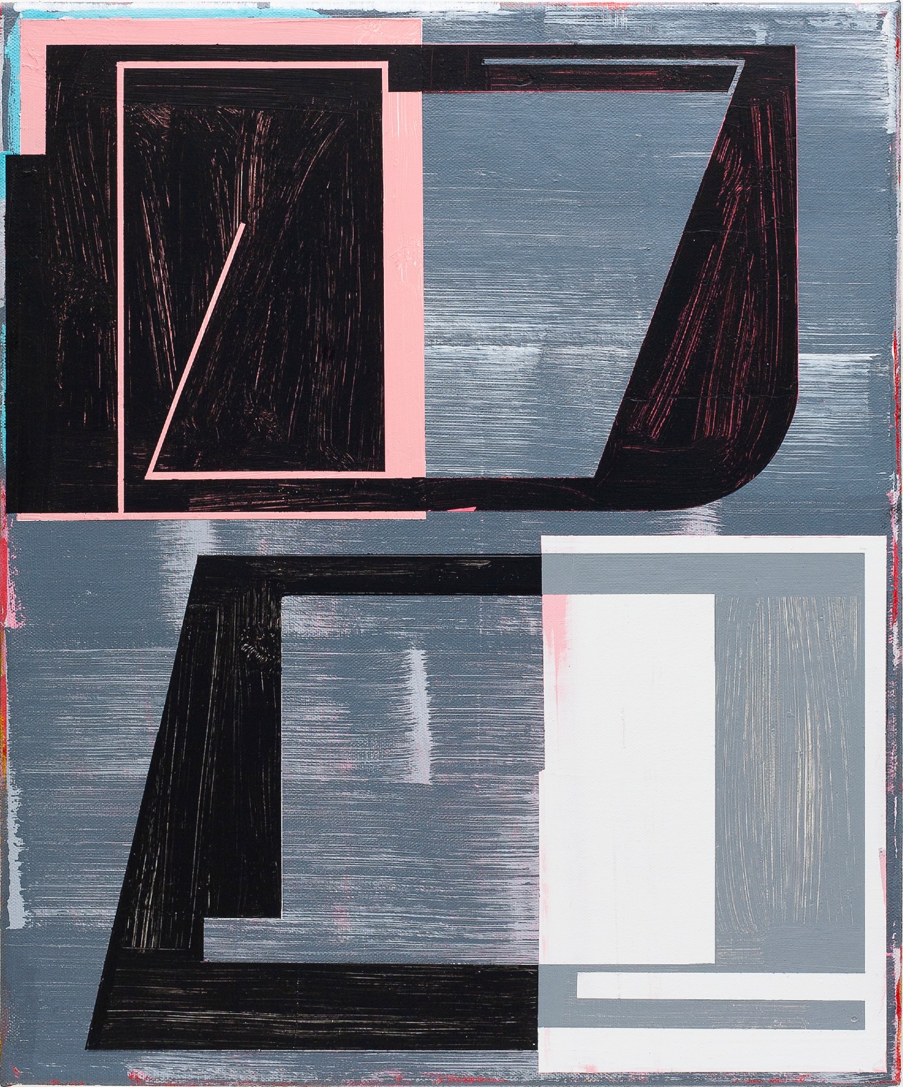 Abstract composition featuring overlapping geometric forms in black, white, pink, and blue-gray tones. Rectangular and curved shapes with visible brushstrokes create a layered, architectural quality across the canvas.