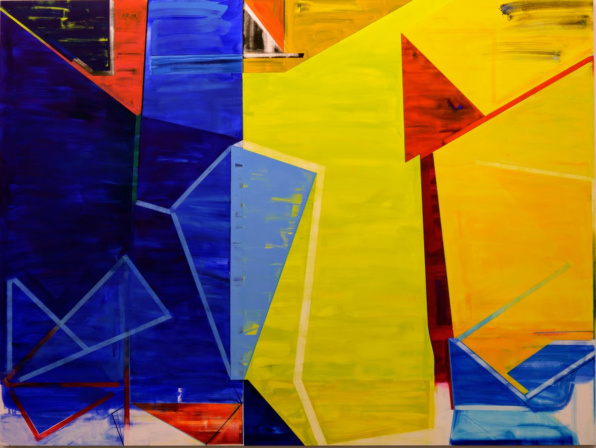 Abstract composition featuring bold geometric shapes in primary colors—vibrant yellow, deep blue, and red—with overlapping angular forms and linear elements creating dynamic spatial relationships across the canvas.