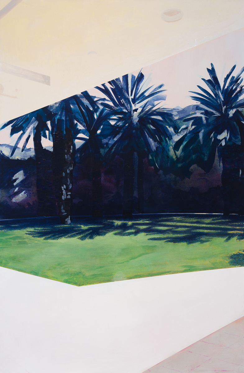 A stylized landscape painting featuring three palm trees with dark blue silhouettes against a luminous sky. The foreground depicts a vibrant lime green ground with darker shadows, while the composition is rendered in bold, expressive brushstrokes combining deep blues, greens, and pale creams.