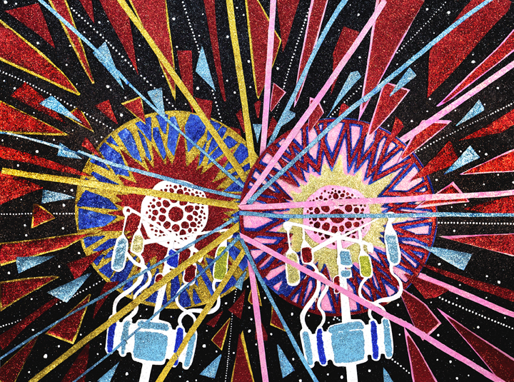 Two stylized skulls with radiating halos face each other against a black background, surrounded by explosive bursts of red, yellow, blue, and pink rays. The composition features intricate cut paper details with glittery accents creating a dynamic, high-energy visual effect.