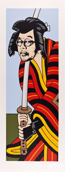 A stylized portrait of a figure with black hair and glasses wearing a vibrant red, yellow, and black striped garment, holding a staff or pole. The composition uses bold graphic lines and a limited color palette of red, yellow, black, and cream against a light blue background and olive green base.