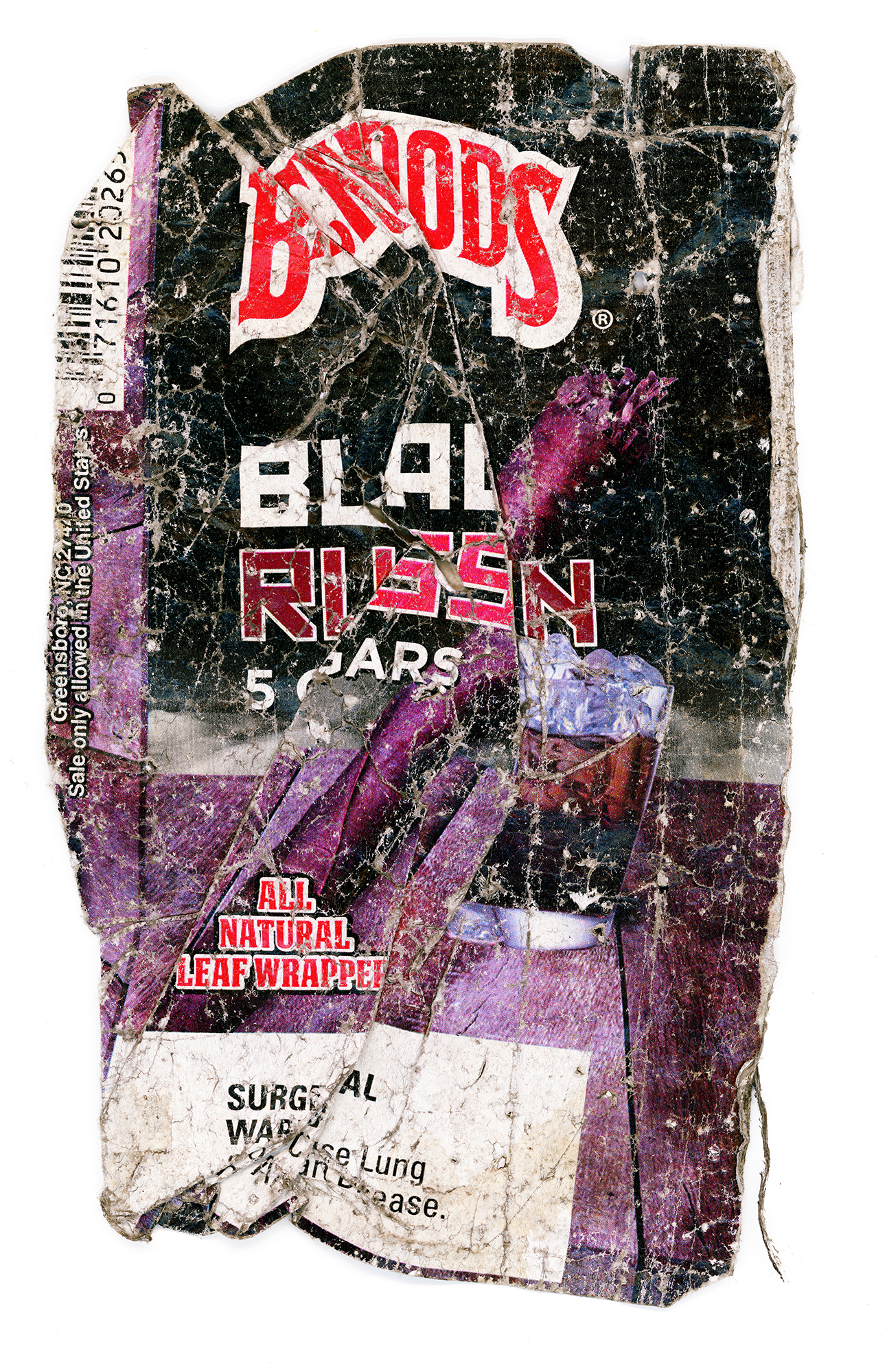 A heavily weathered and distressed package design featuring bold red lettering and the Docs brand logo against a dark, cracked surface. Purple and magenta tones dominate the composition, with visible wear, peeling sections, and overlaid text fragments creating a layered, collage-like appearance that suggests decay and urban deterioration.