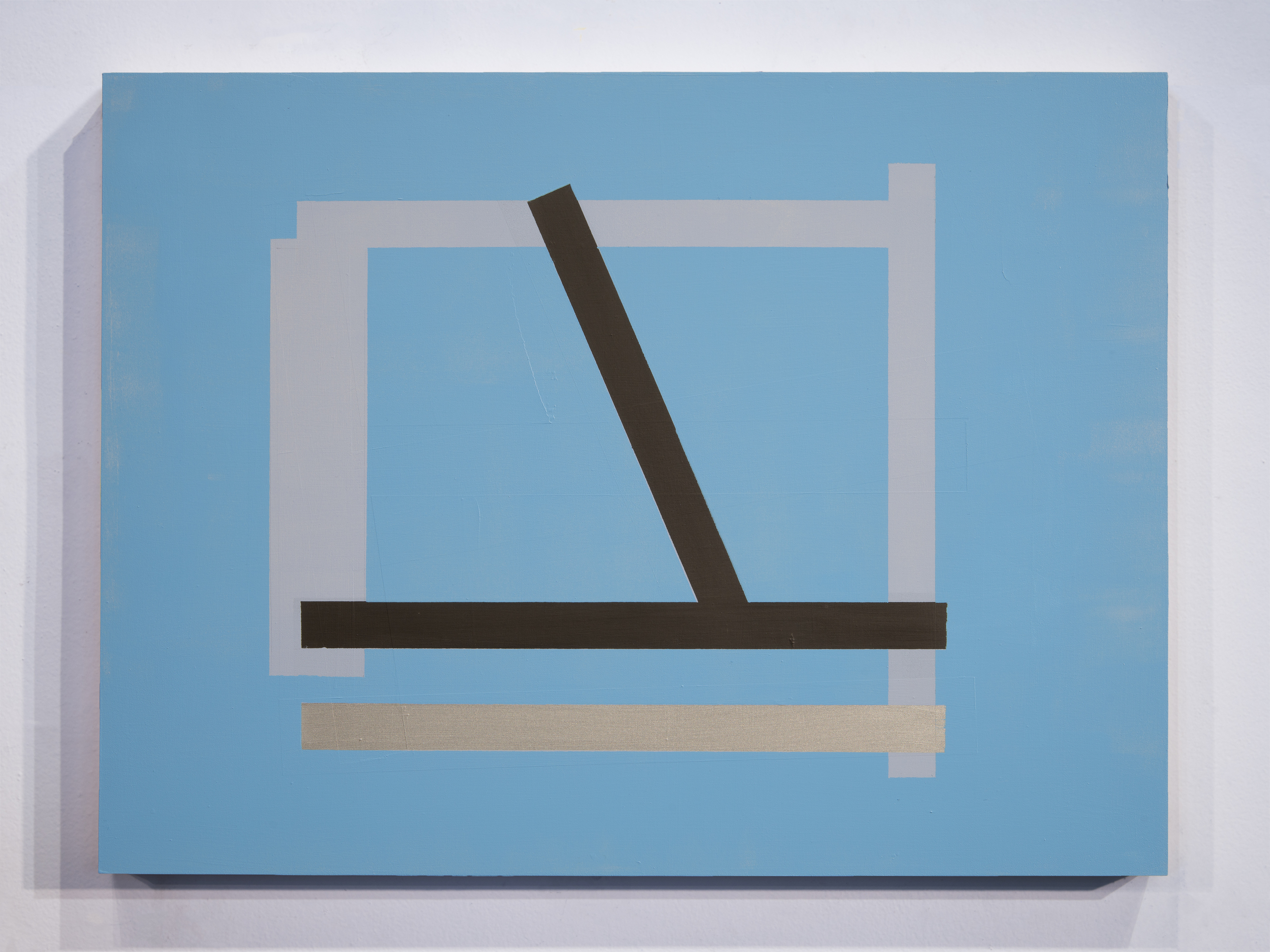 Abstract geometric composition on a blue ground featuring overlapping rectangular forms in light gray and tan, intersected by two dark brown diagonal and horizontal bars that create a dynamic angular composition.