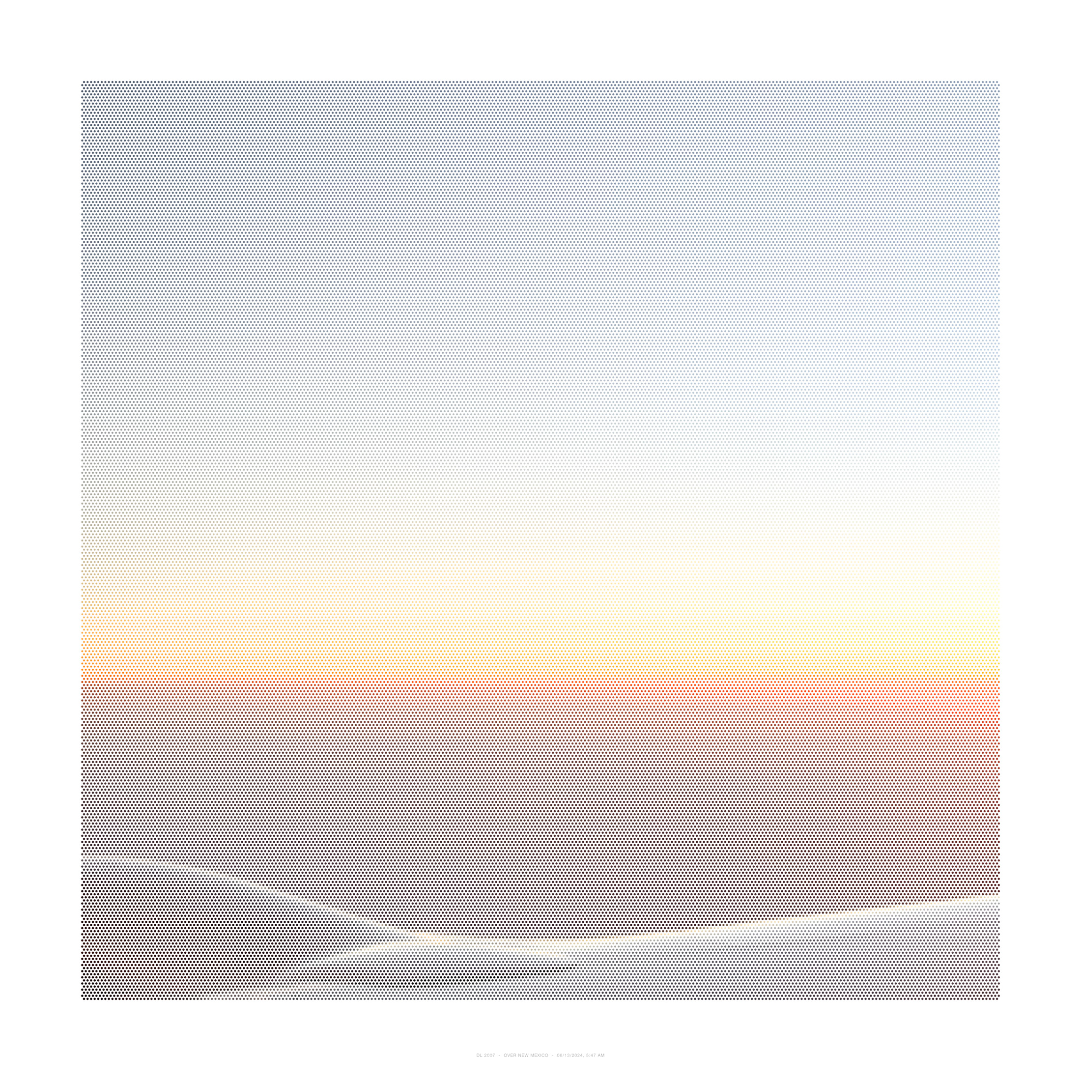 A large-scale pigment print with a gradient composition transitioning from gray at the top through pale cream and soft yellow tones in the center, to warm peachy and tan hues at the bottom, created with a fine dotted pattern throughout that gives the work a subtle, textured appearance.
