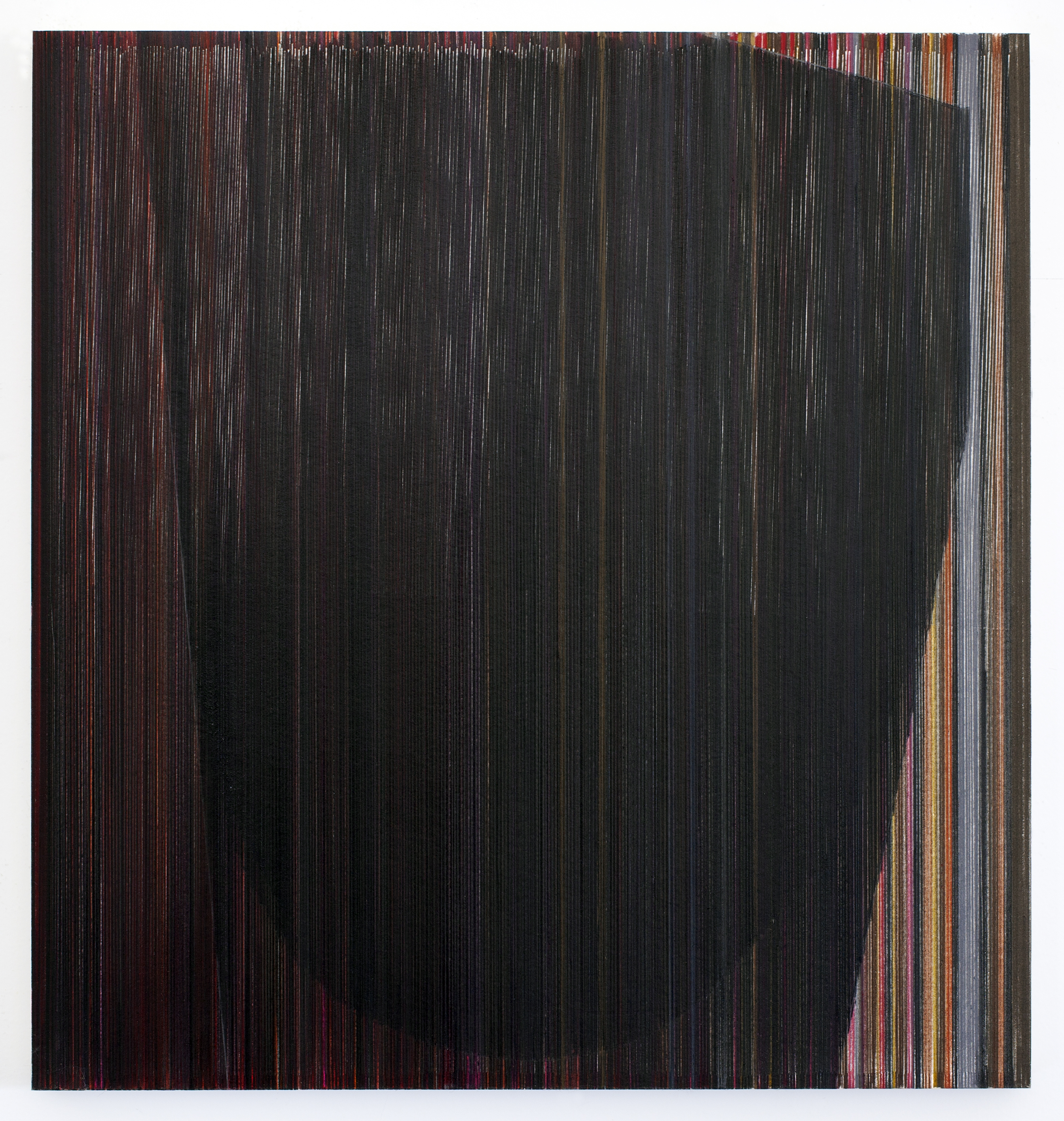 Dense vertical lines in graphite and colored pencil create a dark, textured composition dominated by blacks and deep charcoals, with accents of red, gold, and white at the edges forming a subtle rectangular form against the linear background.