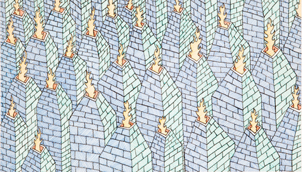 A repeating pattern of isometric three-dimensional cubes rendered in blue, green, and gray tones with golden-yellow accent lines, creating an optical illusion of depth across the entire composition.