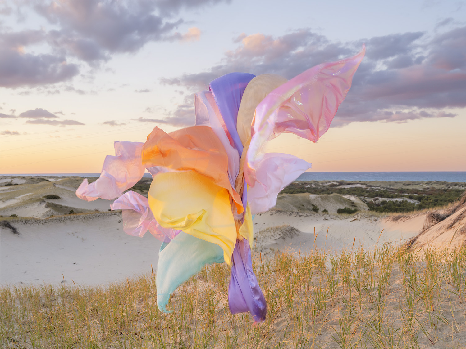 Colorful translucent fabric panels in shades of pink, purple, yellow, and blue billow in the wind against a coastal landscape of sandy dunes, beach grass, and ocean horizon under a cloudy sky at dusk.
