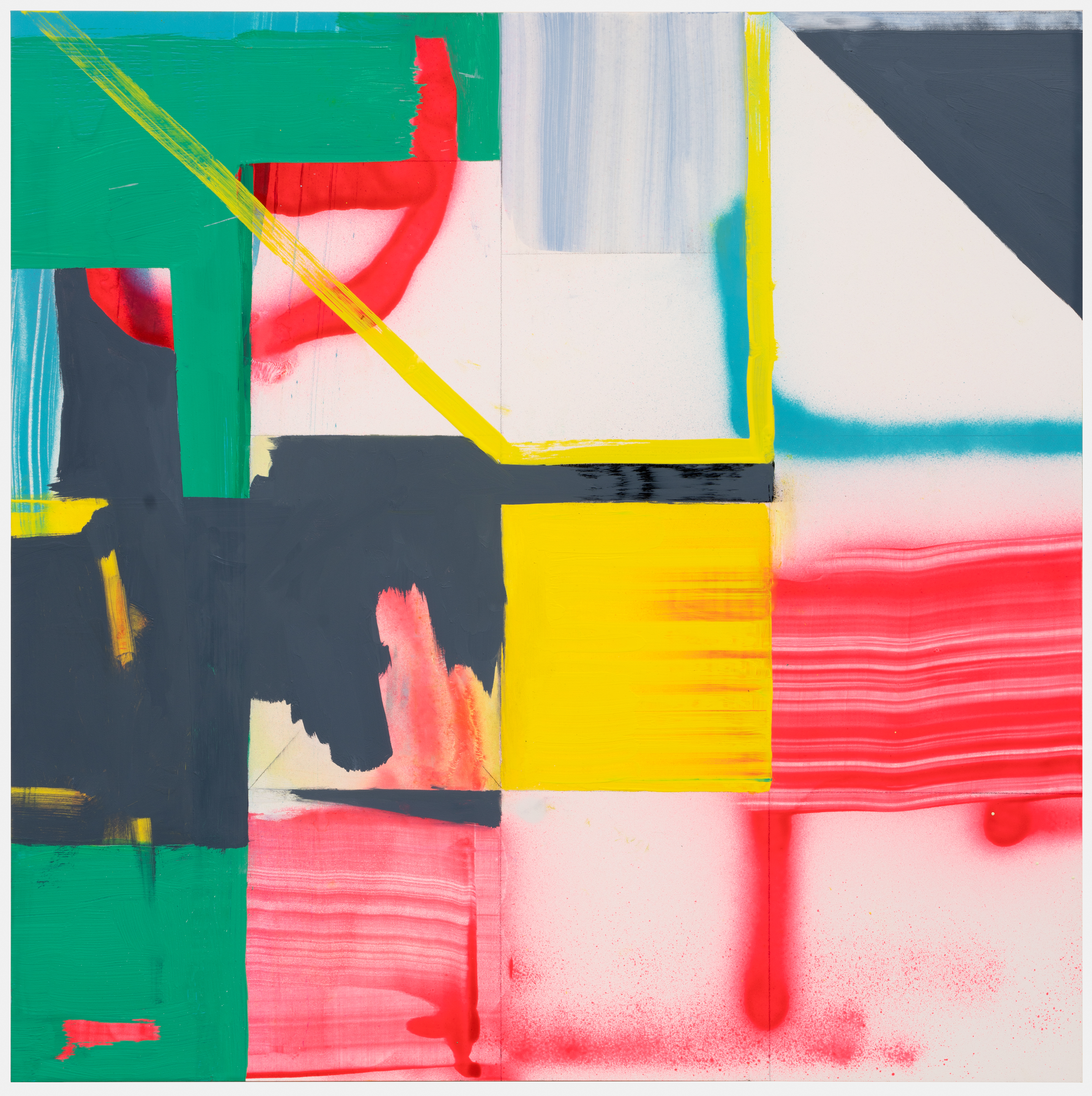 Abstract composition featuring bold geometric shapes and vibrant colors—emerald green, bright yellow, red, and dark charcoal—arranged in overlapping rectangular forms. Gestural brushstrokes and spray-painted effects create dynamic movement across the surface, with areas of soft blending contrasting against sharp linear elements and crisp edges.