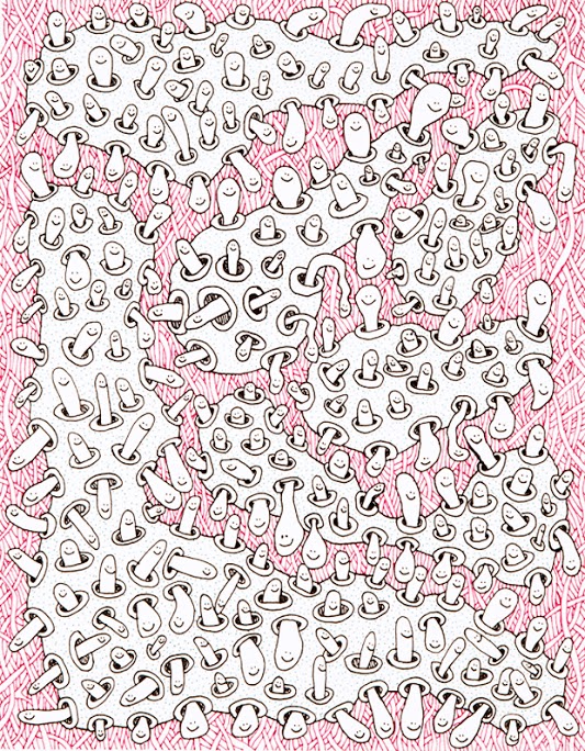 Dense composition of hand-drawn, abstract organic forms in black ink on white paper, arranged in an all-over pattern across the rectangular surface. The forms resemble biomorphic or cellular shapes with curved, intertwining lines, set against a bright pink textured border that frames the central white drawing area.