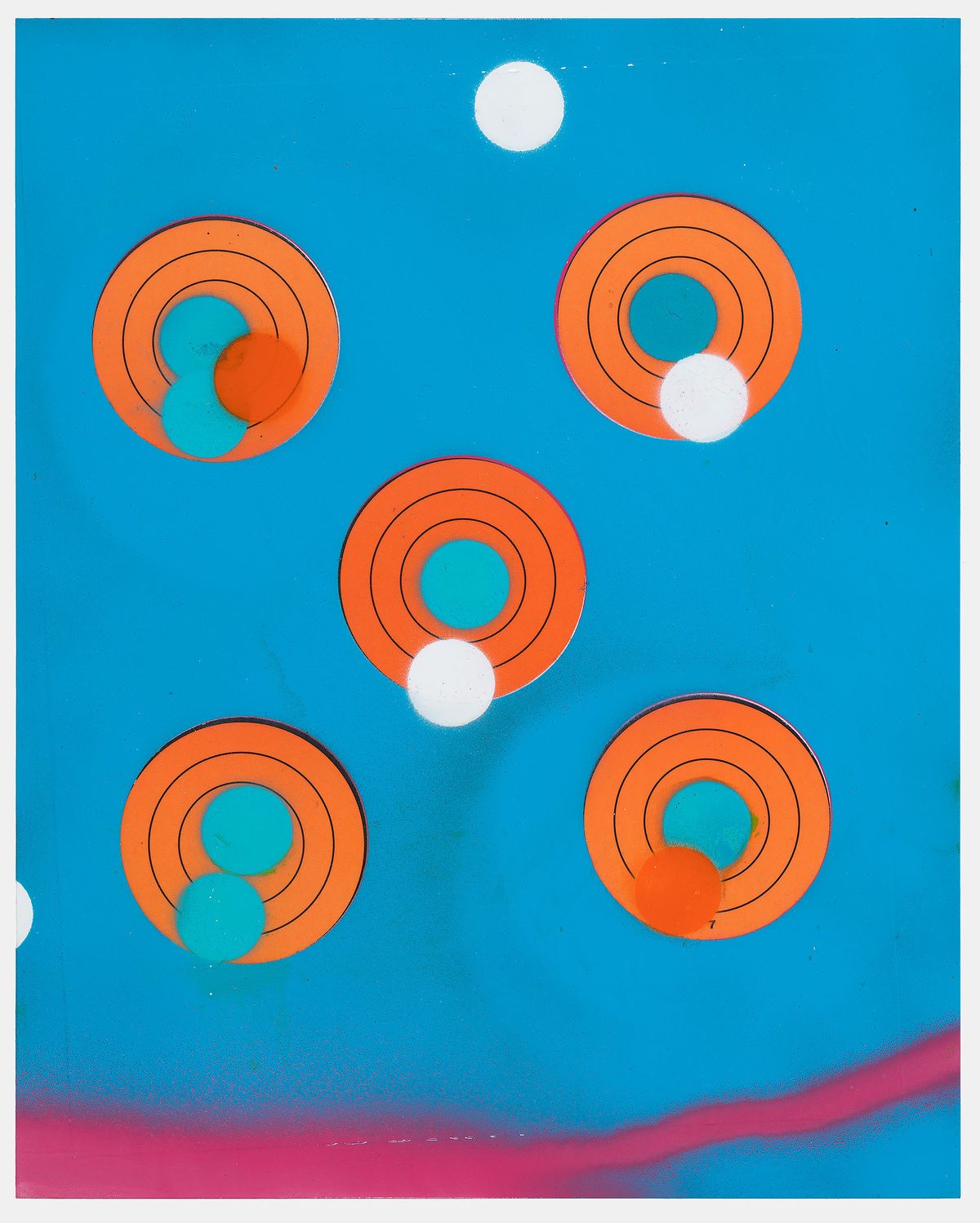 Bright blue background with five orange concentric circle forms arranged in a scattered composition. White and teal circular accents punctuate the orange rings, with a small white circle floating near the top and a gradient pink-to-magenta wave sweeping across the lower edge.