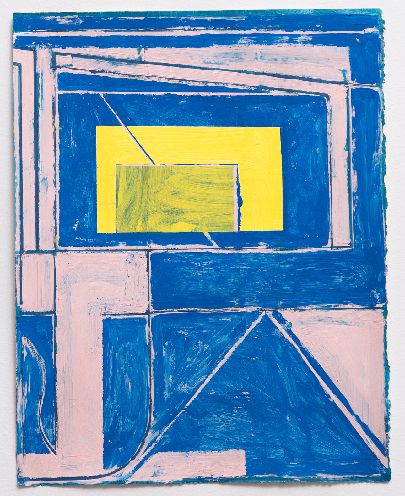 Abstract composition featuring nested rectangular frames in shades of blue and pink, with a bright yellow rectangle at the center containing green gestural marks. The work employs bold linear divisions and layered geometric forms painted in acrylic with visible brushwork and texture.