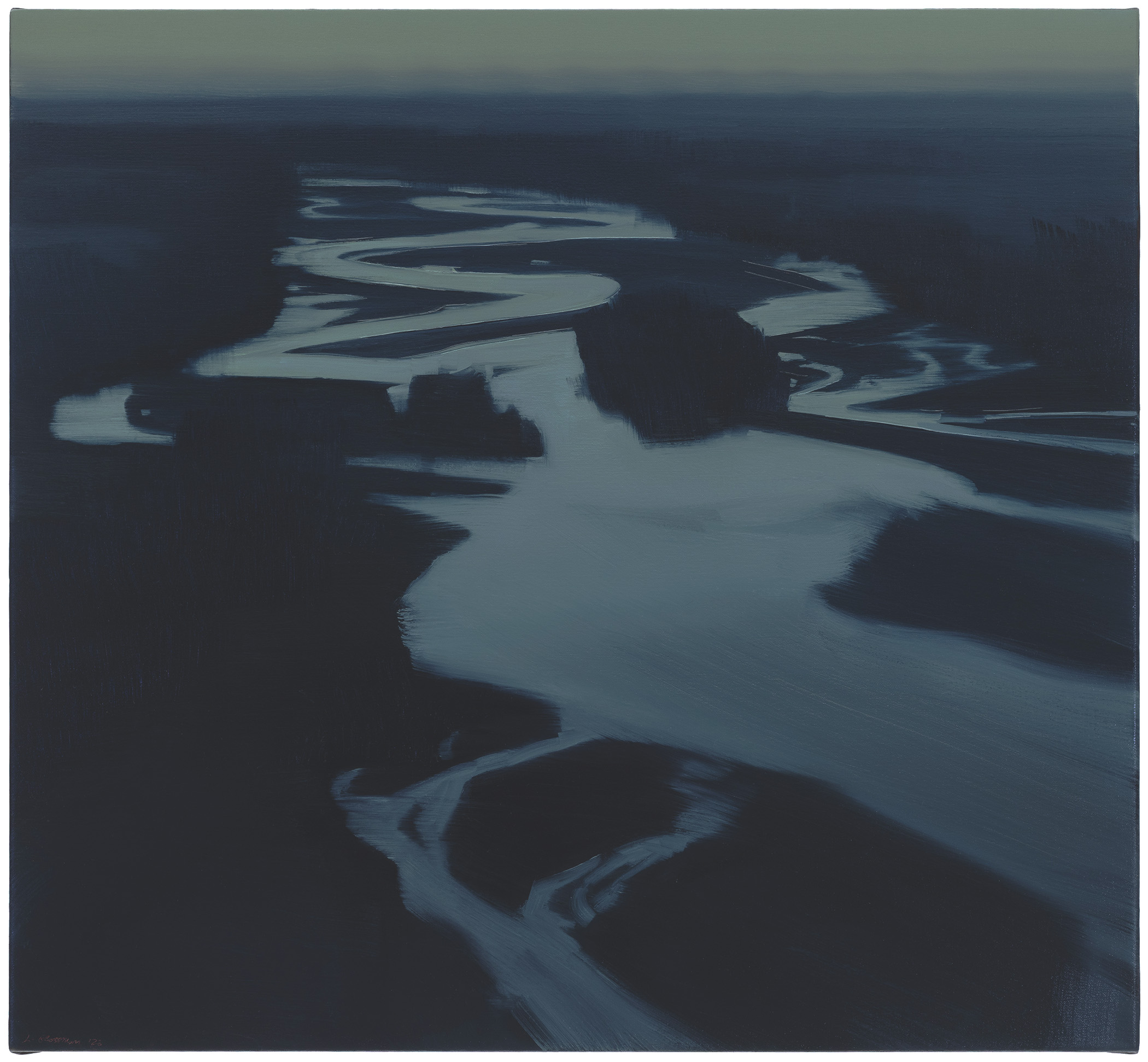 Aerial view of a winding river with pale blue-grey water cutting through dark forested land, rendered in muted tones with a dreamlike, atmospheric quality. The composition emphasizes the serpentine curves of the waterway against the surrounding darkness, creating a stark contrast between the luminous water and shadowed landscape.