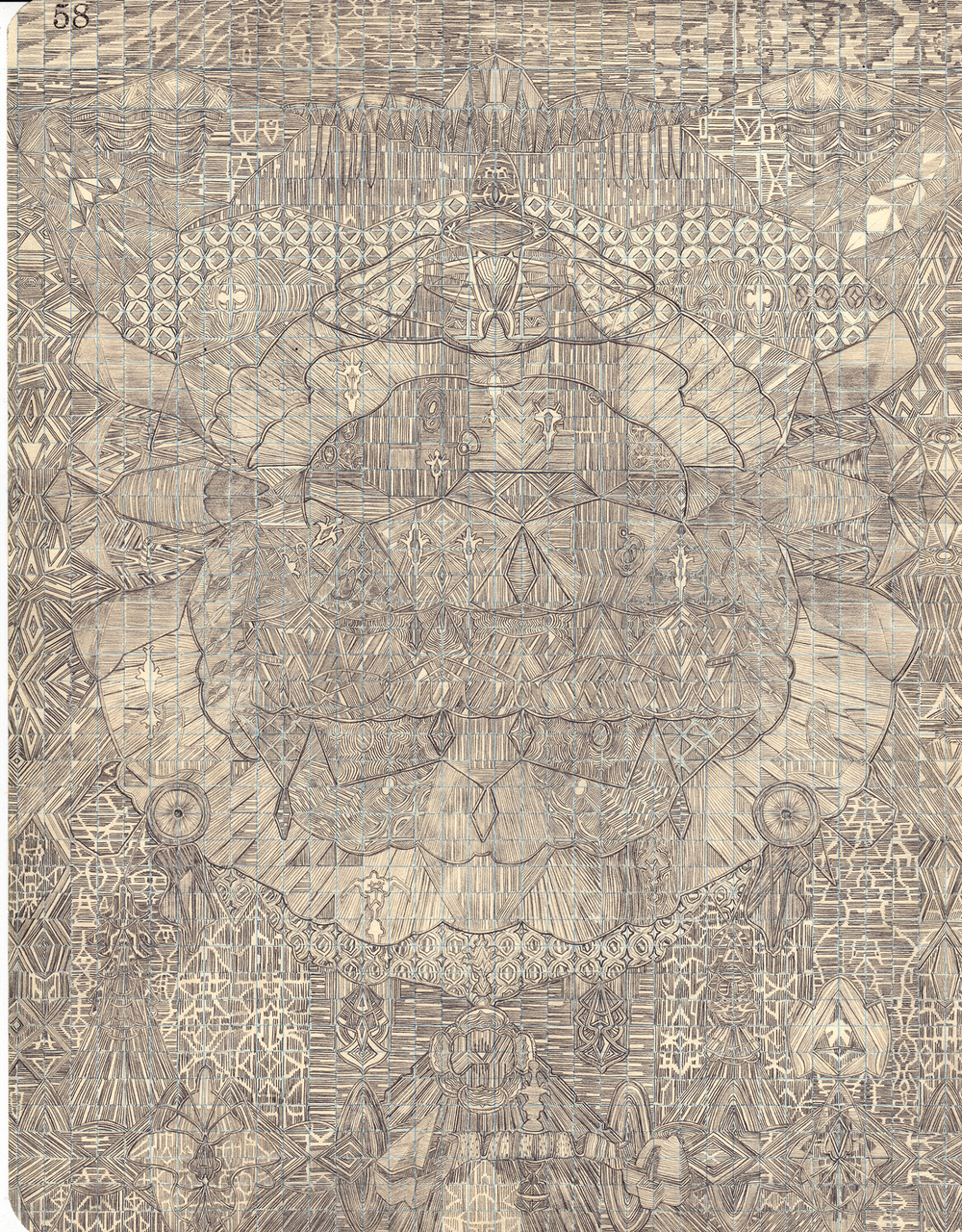 Densely layered graphite drawing featuring an intricate mandala-like composition with architectural elements, geometric patterns, and symmetrical ornamental designs radiating from a central axis, rendered entirely in fine linear marks and cross-hatching techniques across the paper surface.