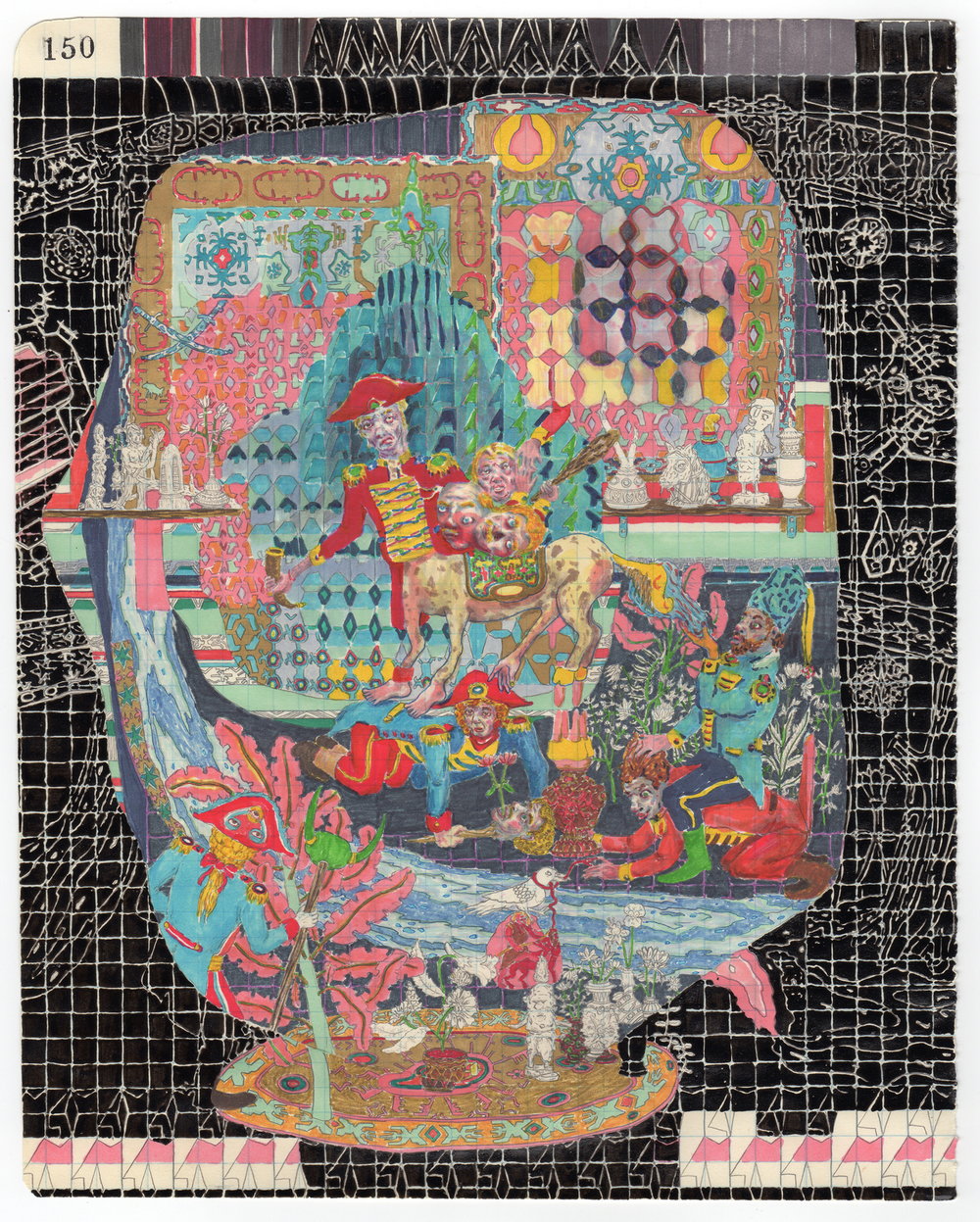 A densely patterned drawing on paper featuring a silhouetted head profile filled with an intricate, colorful fantastical scene. Within the head shape are layered architectural elements, ornate decorative patterns in jewel tones—reds, teals, yellows, and pinks—along with figures, creatures, and decorative motifs. The background is rendered in black graphite with white linear patterns, creating a striking contrast to the vibrant interior composition.