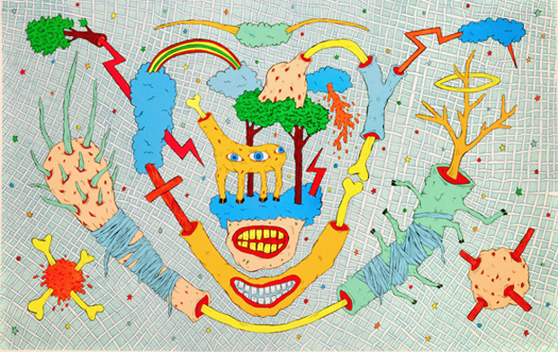 A vibrant, whimsical composition on gridded paper featuring a large face with exaggerated smiling mouths in yellow and red, crowned with a small blue house and stylized tree. Surrounding the central face are colorful abstract forms including virus-like spheres, lightning bolts, clouds, and botanical elements rendered in bright greens, blues, oranges, and reds, connected by flowing yellow and red lines that create a sense of narrative movement across the composition.