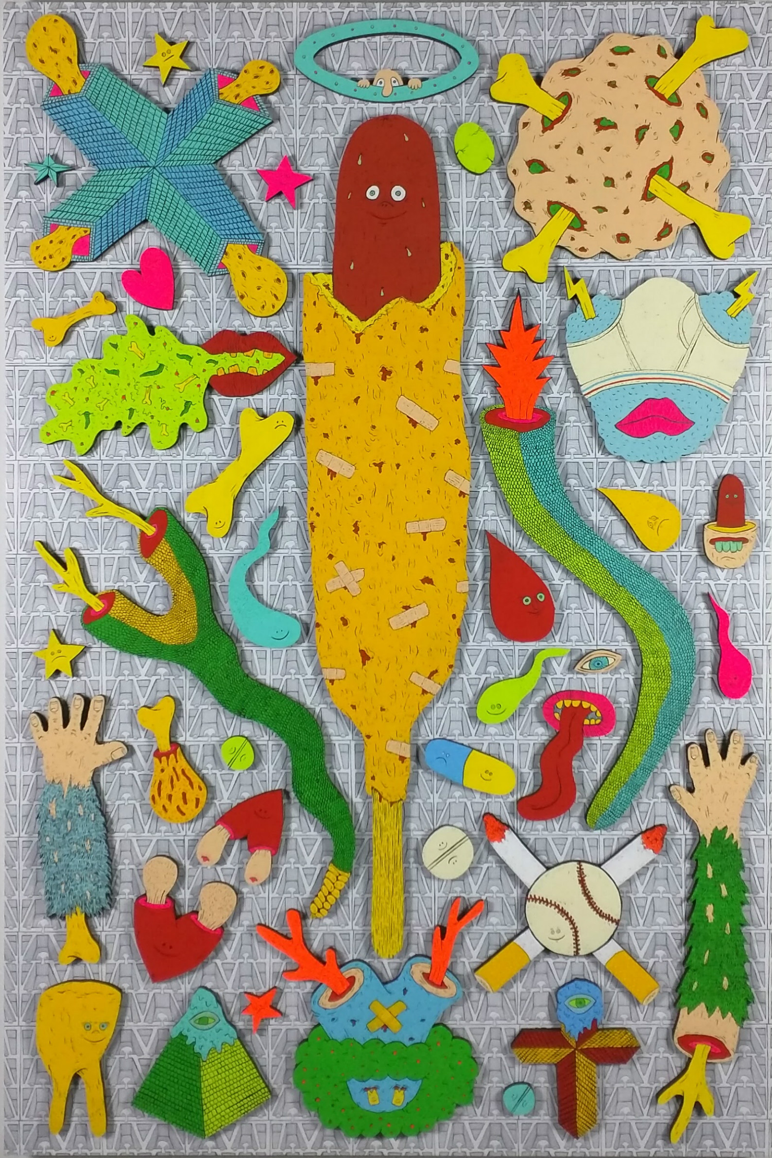 Colorful assembled artwork featuring a central yellow figure with a red head and outstretched limbs, surrounded by whimsical creatures and objects including mermaids, hands, stars, cacti, and various fantastical beings in bright gouache and mixed materials on a patterned gray background.