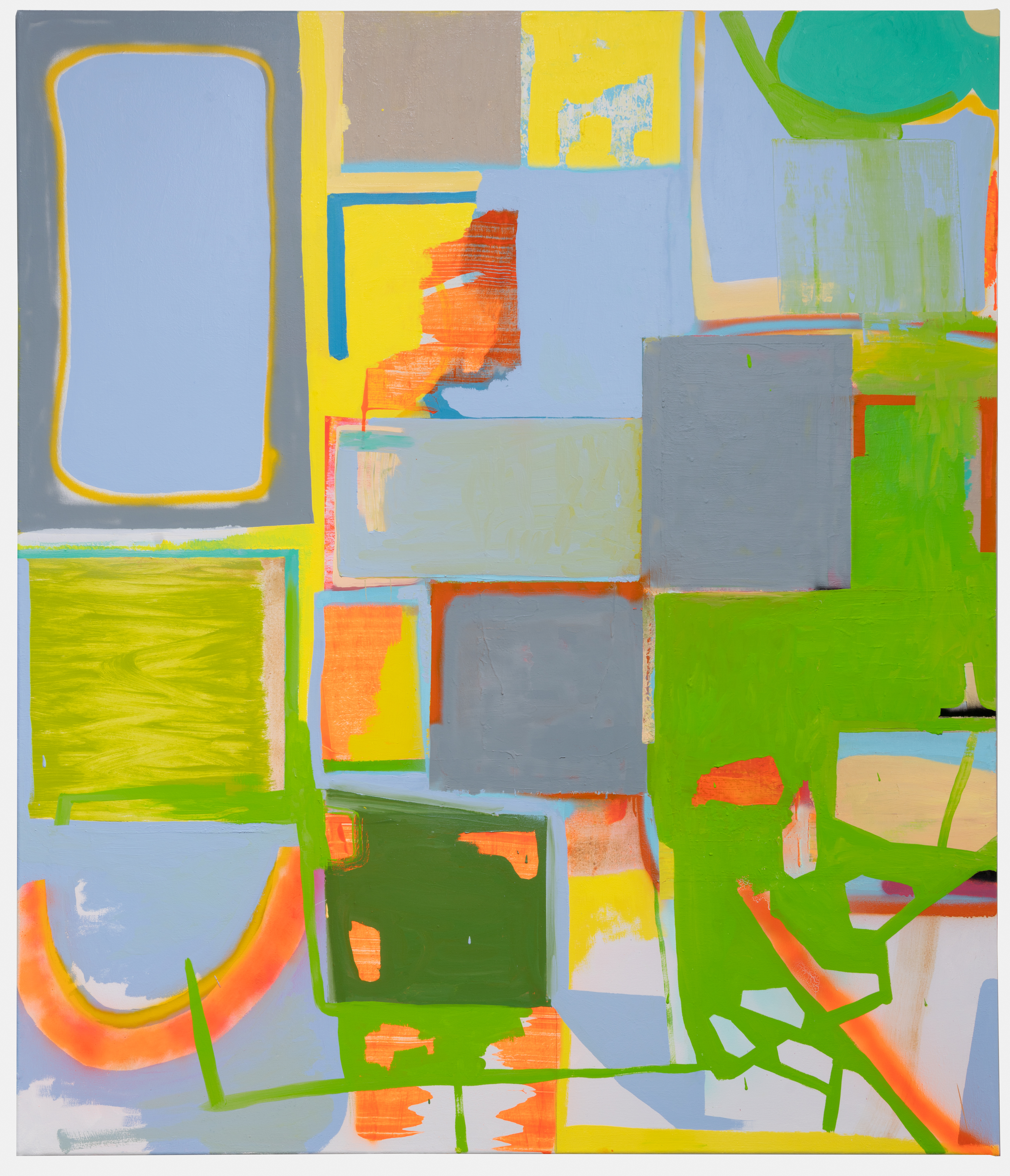 Abstract composition featuring overlapping geometric rectangles and curved forms outlined in vibrant yellow, blue, and orange borders. The layered canvas displays bright lime green, pale blue, gray, and cream-colored fields punctuated by bold orange brushstrokes and marks, creating a dynamic interplay of nested shapes and color.