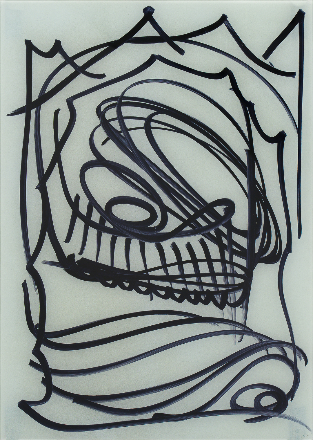 Abstract black ink drawing on white paper featuring a stylized face or mask with flowing, curved lines forming organic shapes. The composition is framed by an angular border with branch-like extensions, and a decorative ribbon banner curves across the bottom, rendered in bold, gestural strokes.