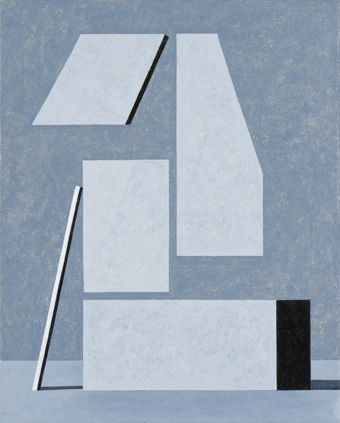 Abstract geometric composition featuring four white rectangular forms arranged asymmetrically against a muted blue-gray background, with thin black lines and dark rectangular accents creating visual tension and depth across the canvas.