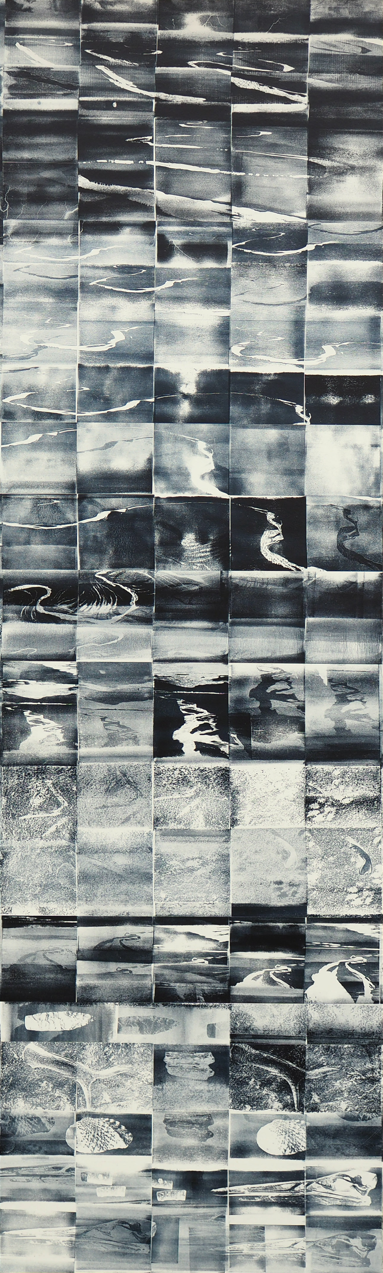 A gridded composition of approximately 200 small rectangular panels in black, white, and gray tones, arranged in vertical columns. Each panel contains abstracted landscape-like imagery with flowing lines, curved forms, and tonal variations suggesting water, terrain, or atmospheric phenomena. The overall effect creates a rhythmic, repeating pattern across the vertically oriented work.