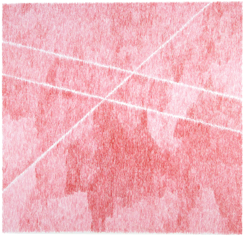 Abstract composition of intersecting white diagonal lines dividing a textured pink surface into geometric sections. The varied red and pink tones create depth across the layered, granular background.