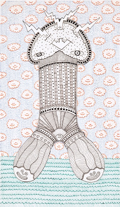 Intricate pen and ink drawing of a fantastical creature with a rounded, decorated head featuring concentric circular patterns and horn-like protrusions, a cylindrical ribbed body section, and splayed tentacle-like appendages at the base. The figure is rendered in detailed cross-hatching and linear patterns against a background filled with small repeating faces in orange and blue wavy water lines at the bottom.