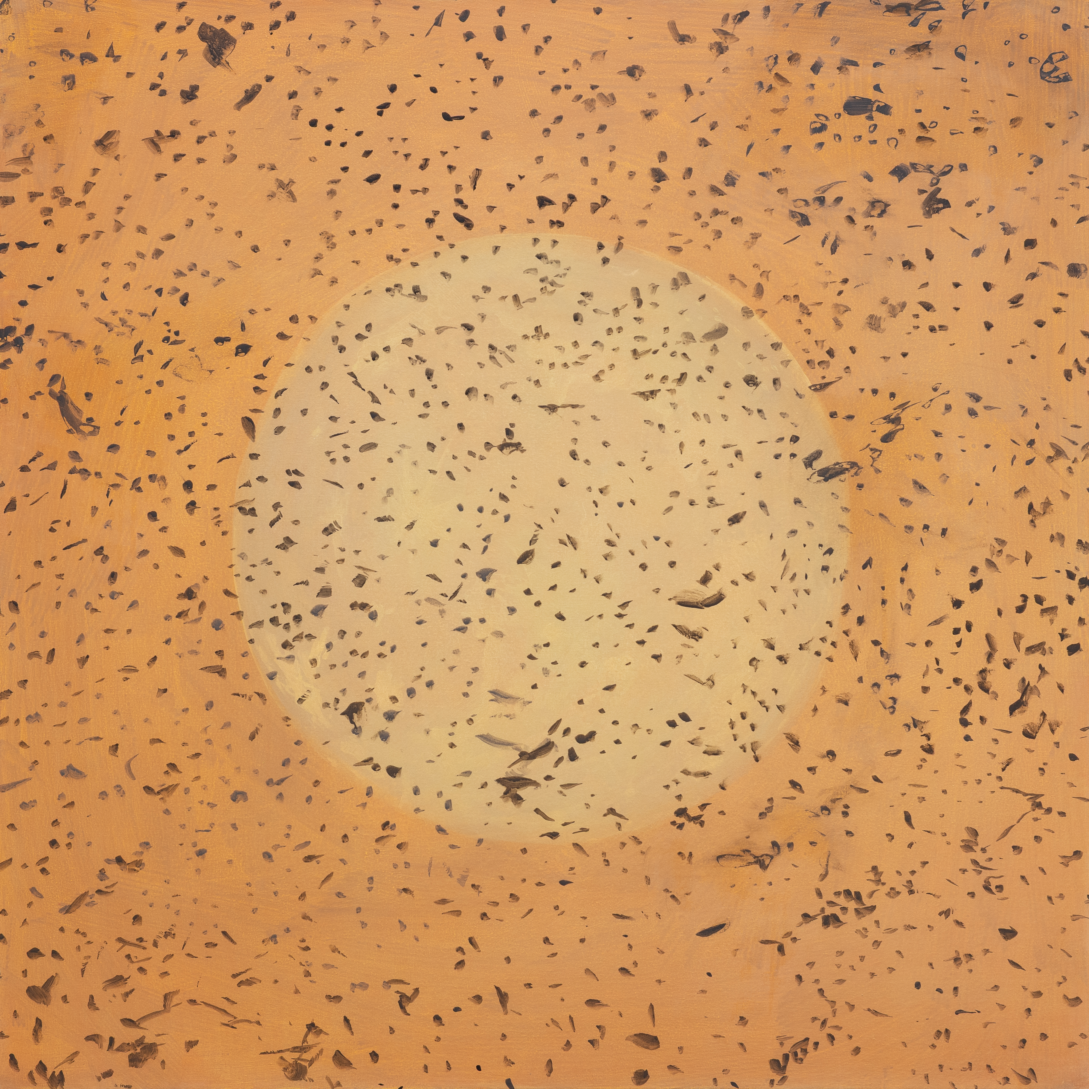 A textured abstract composition featuring a gradient from warm orange tones on the outer edges to pale cream in the center, densely scattered with dark brown and gray marks, fragments, and gestural strokes that create an organic, layered surface across the canvas.