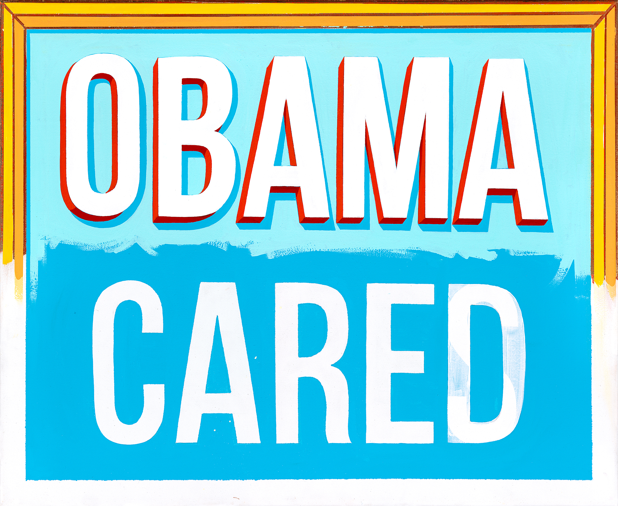 Bold graphic print with "OBAMA" in red and white dimensional letters against a light blue upper section, and "CARED" in white letters on a darker blue lower section. The composition is framed by a yellow and red border, rendered in a vibrant pop art style with high-contrast colors and typography.