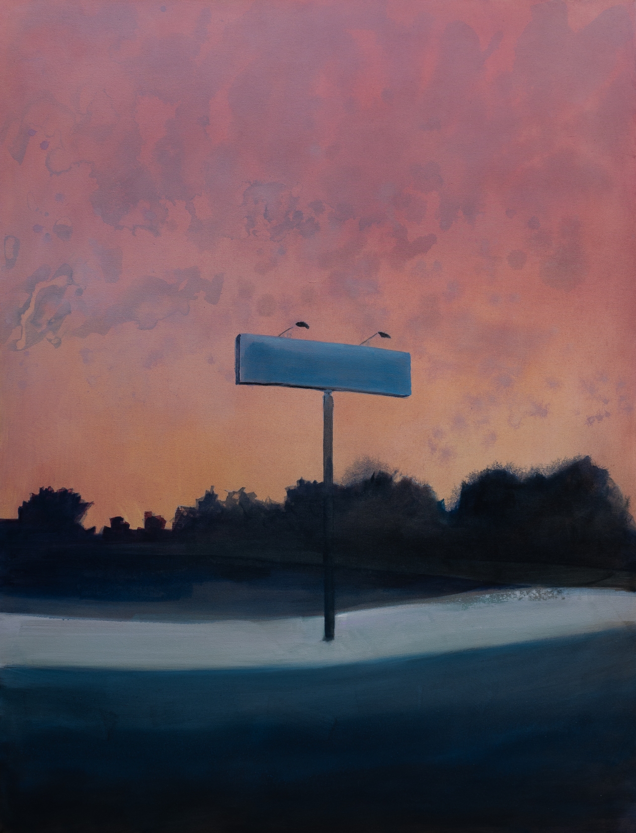 A blue rectangular street sign stands silhouetted against a dramatic twilight sky of pink, orange, and purple hues. Dark trees line a frozen or icy landscape in the foreground, with two birds perched atop the sign's post, rendered in muted tones that emphasize the surreal, dreamlike quality of the composition.