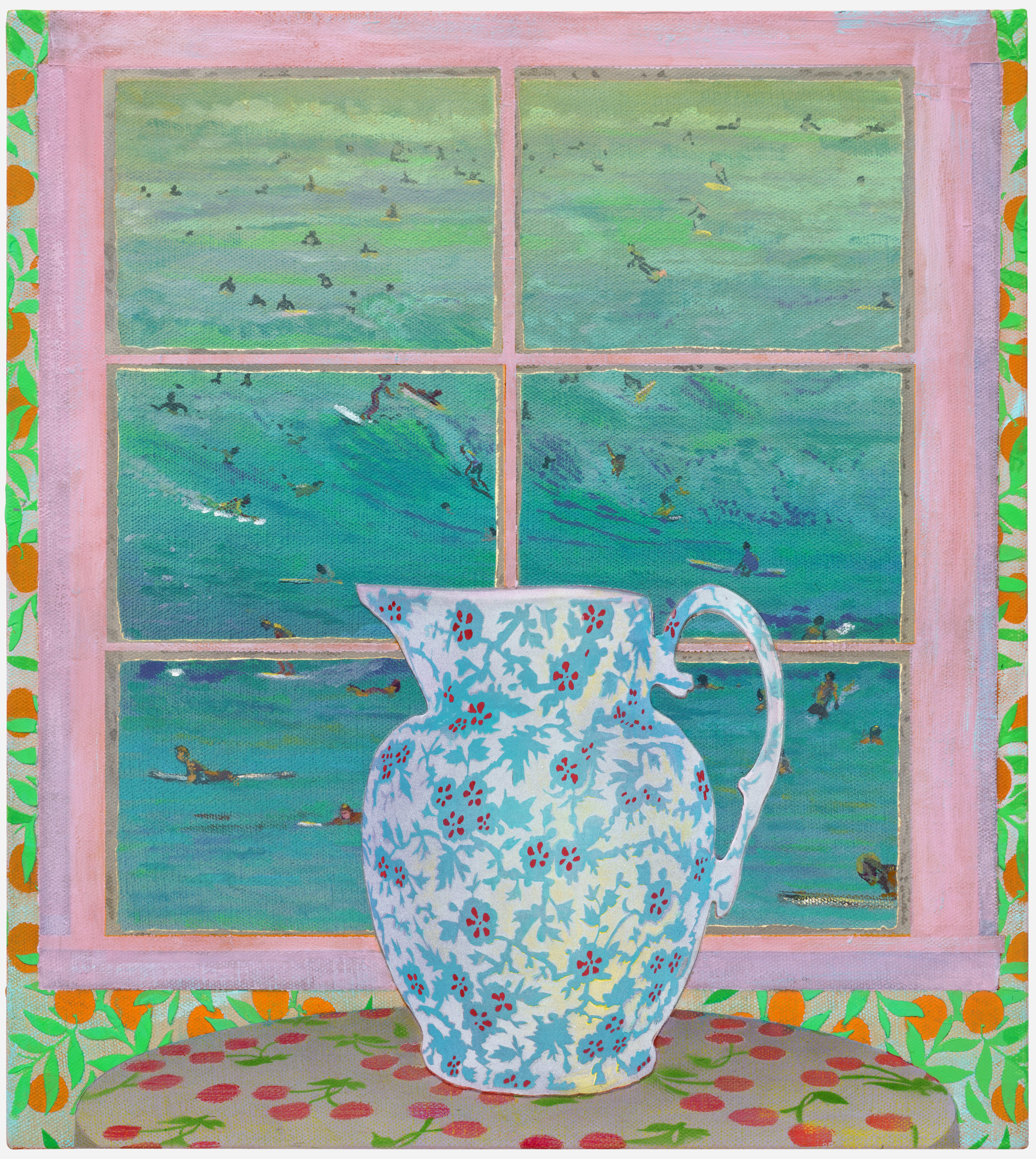 A decorative ceramic pitcher with blue and red floral patterns sits in the foreground against a pink wall featuring a multi-paned window. Through the window panes, an ocean scene unfolds in shades of turquoise and green, populated with numerous swimmers and surfers. The composition is framed by a colorful border of illustrated leaves and citrus fruits in green, orange, and red tones.