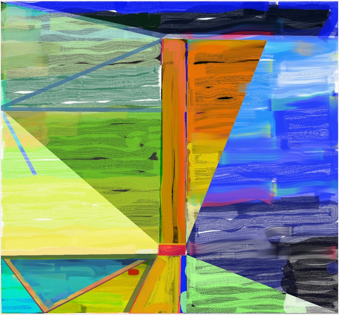 Abstract digital composition divided by geometric forms in vibrant colors—bright yellows, greens, oranges, and blues dominate the palette, with sections of deep purple and black. Horizontal and vertical lines create angular divisions across the canvas, with painterly brushstrokes and layered textures throughout, suggesting both digital manipulation and organic mark-making.