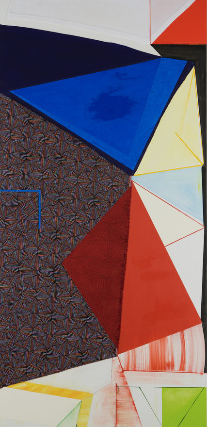 Abstract composition featuring overlapping geometric shapes in vibrant colors—bright blue, red, yellow, and cream—arranged diagonally across the canvas. A textured patterned section in dark tones with intricate linear designs contrasts sharply with the bold flat color fields and outlined triangular forms.