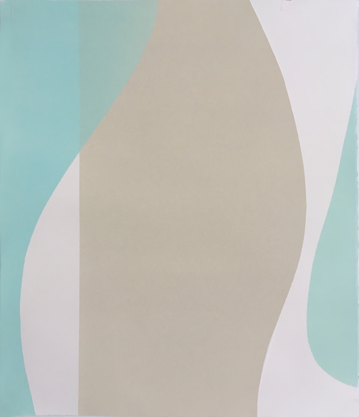 Abstract composition featuring overlapping organic shapes in soft, muted tones of pale beige, lavender, and seafoam green against a calm turquoise background. Smooth, curved forms create a sense of gentle movement and depth through layered, contemporary minimalist design.