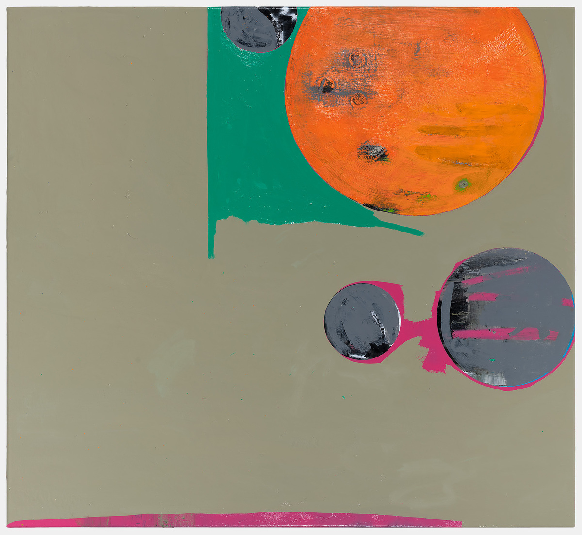 Abstract composition featuring a large orange circle with weathered surface texture in the upper right, connected by a teal drip to a beige background. Below, two dark gray circles outlined in magenta with gestural pink marks sit against the neutral ground, with a thin magenta horizontal stroke at the bottom edge.