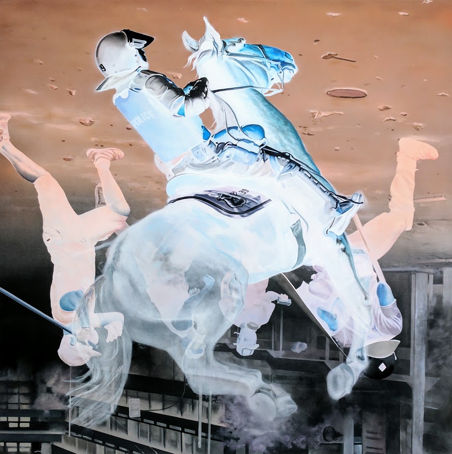 A translucent, ethereal figure on horseback rendered in soft whites and blues rears dramatically against an urban cityscape below. The ghostly, layered composition suggests movement and weightlessness, with the horse and rider appearing to dissolve into the atmosphere above darkened buildings.
