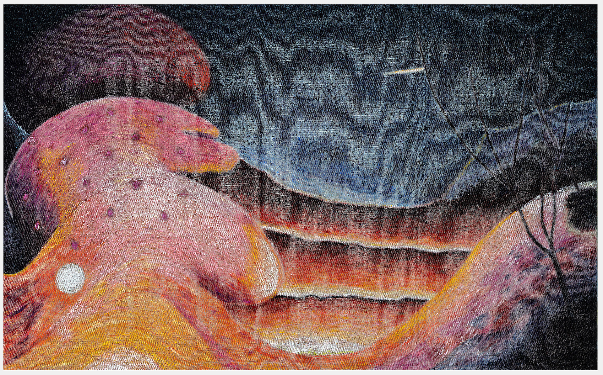 Layered undulating forms in warm tones of pink, orange, and red sweep across the composition, suggesting organic topography. Against a dark background punctuated by a pale moon and sparse vegetation, the voluptuous shapes create a dreamlike landscape with areas of luminous white highlights and rich textural detail.