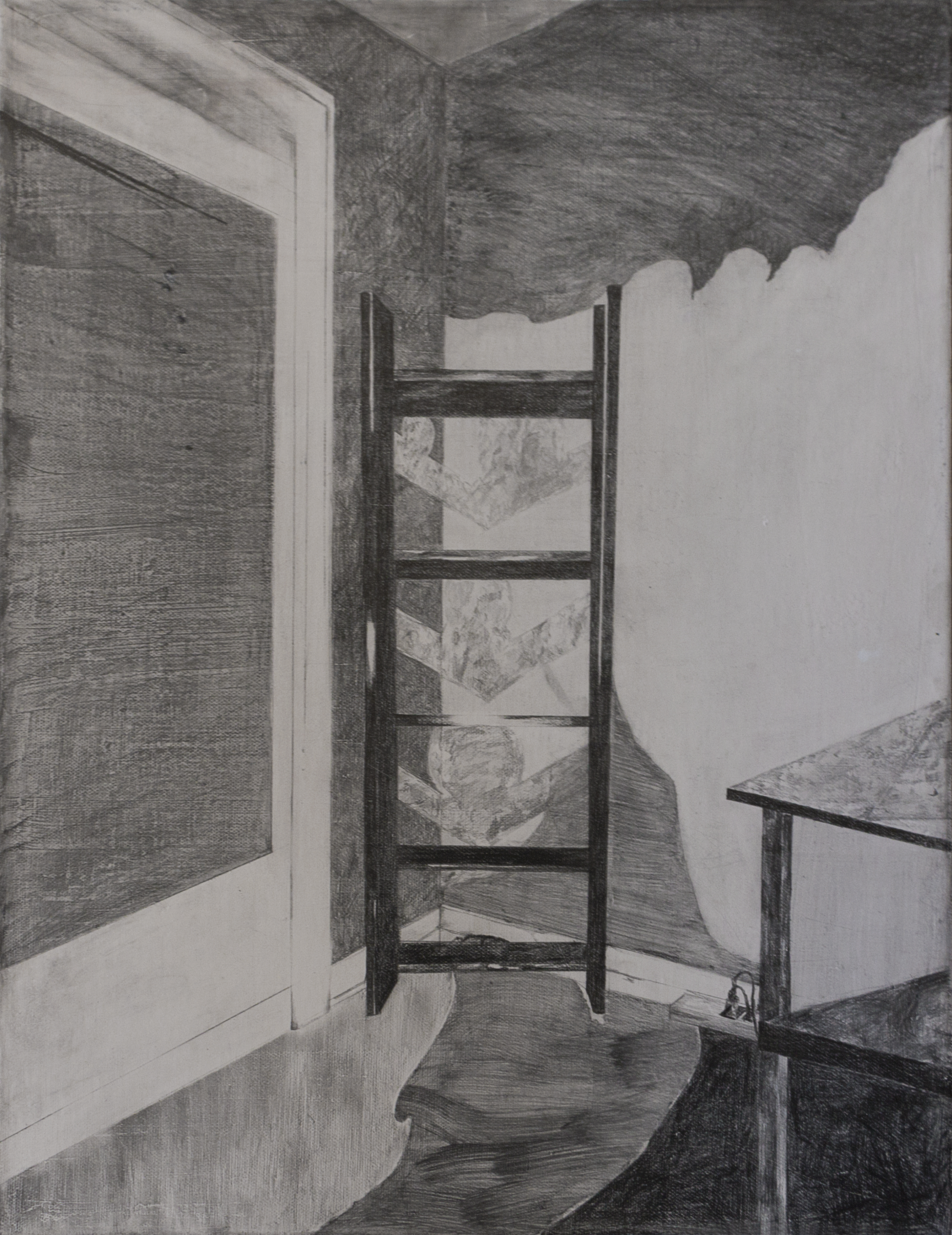 A monochromatic graphite drawing depicts an interior corner room with wooden ladder-back chair in the center, flanked by white draped forms or fabric. Dark textured walls meet at sharp angles, creating a confined, introspective space rendered in precise tonal gradations.