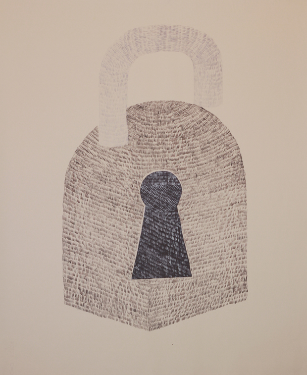 A large padlock rendered in textured graphite and silver ink dominates the composition. The lock's body is filled with dense linear marks creating a woven appearance, while a darker keyhole at its center contrasts against the lighter toned shackle above.