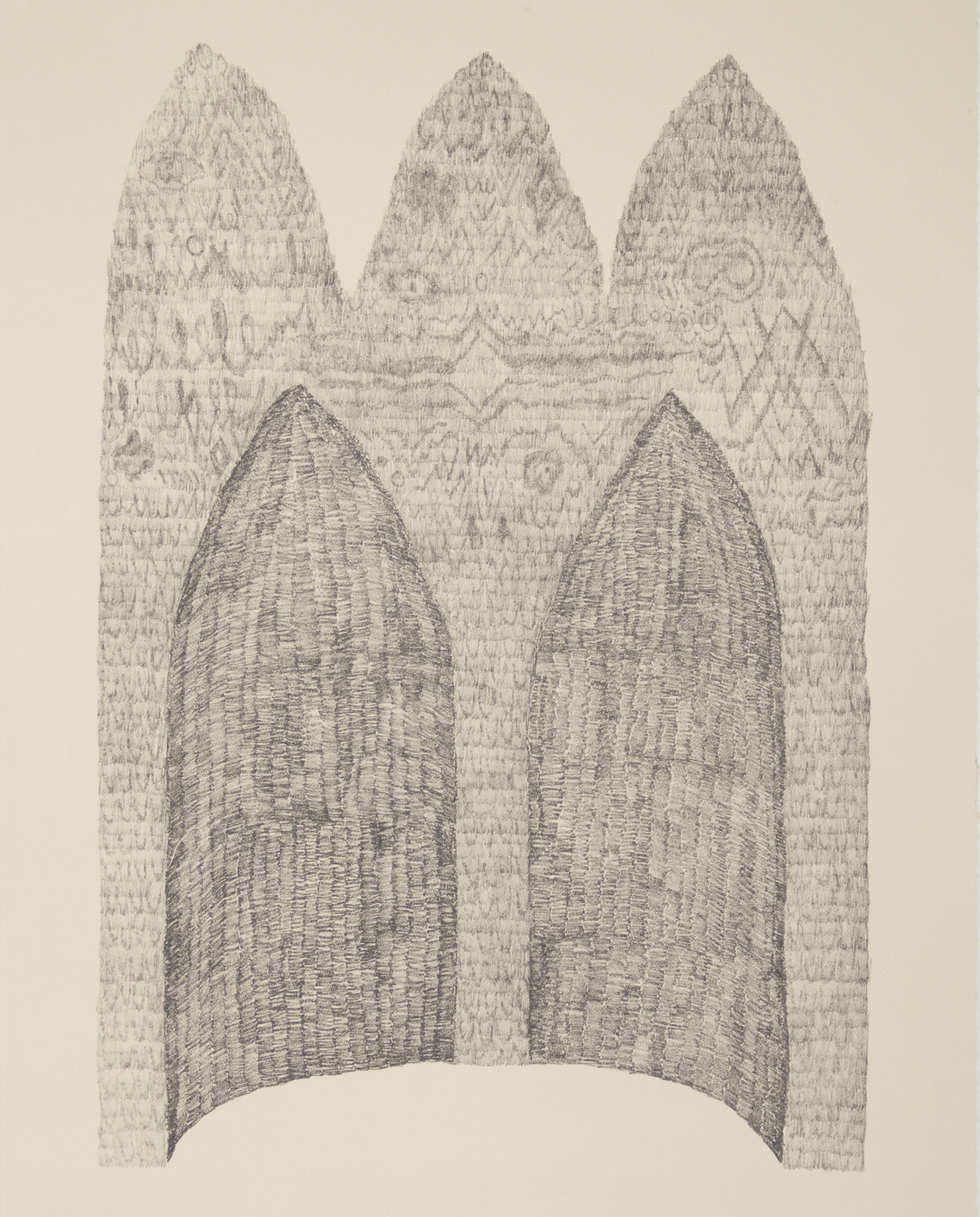 Two tall, pointed archways rendered in crosshatched graphite tones dominate the center of the composition, their curved forms creating a symmetrical gateway. Behind them, three conical evergreen trees are densely textured with fine linear marks, creating a forest backdrop against the pale cream ground.
