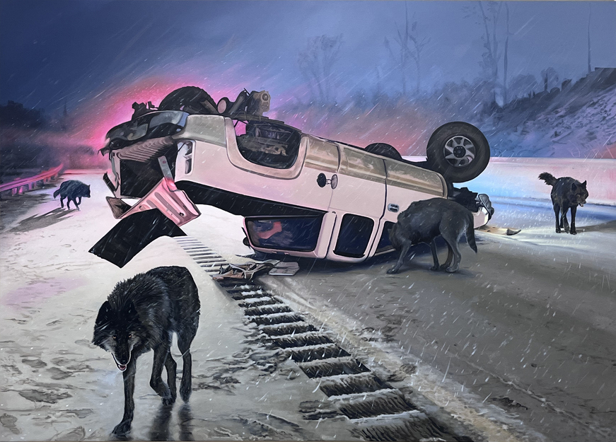 A surreal coastal scene depicts an overturned white vehicle on a beach, rendered in dramatic blues and magentas with stormy skies and rain. Dark wolves gather around the wreckage and along the shoreline, their forms silhouetted against the ethereal, glowing pink and purple atmosphere.