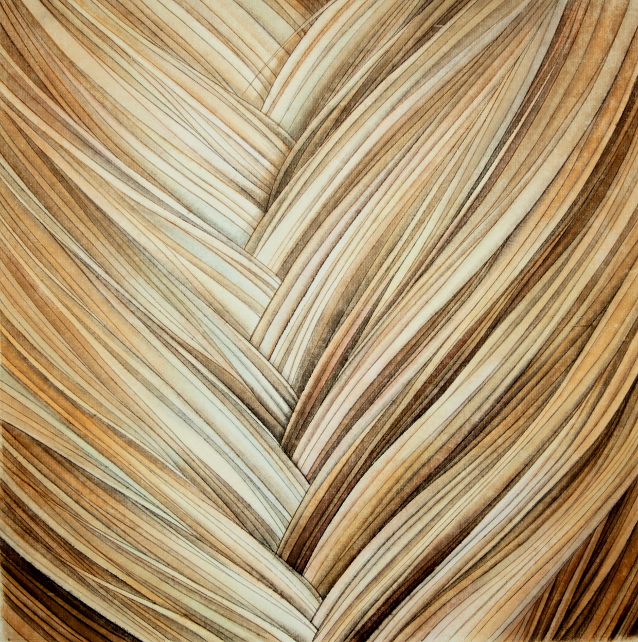 A herringbone pattern of vertically oriented wooden planks in warm earth tones—cream, tan, and chocolate brown—creates a three-dimensional illusion of interlocking strips through subtle gradations of light and shadow.