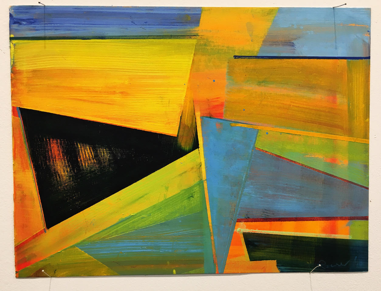 Abstract composition featuring bold geometric shapes in vibrant yellows, oranges, and blues, with intersecting angular planes and a stark black triangular form. Horizontal brushstrokes create layered divisions across the canvas, evoking a landscape-like structure despite its non-representational design.