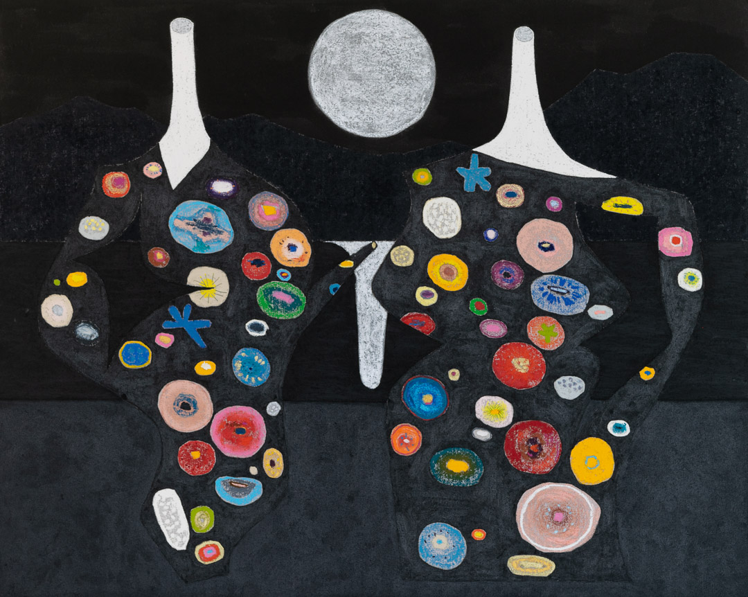 Two large black silhouettes of human heads face each other against a dark background, their interiors filled with dozens of colorful circular forms in varying sizes—painted in blues, reds, yellows, pinks, and greens with intricate patterns and textures. White curved shapes extend upward from each head like stylized hair or crowns, a large gray moon hovers above, and the composition creates a striking visual dialogue between the two figures.