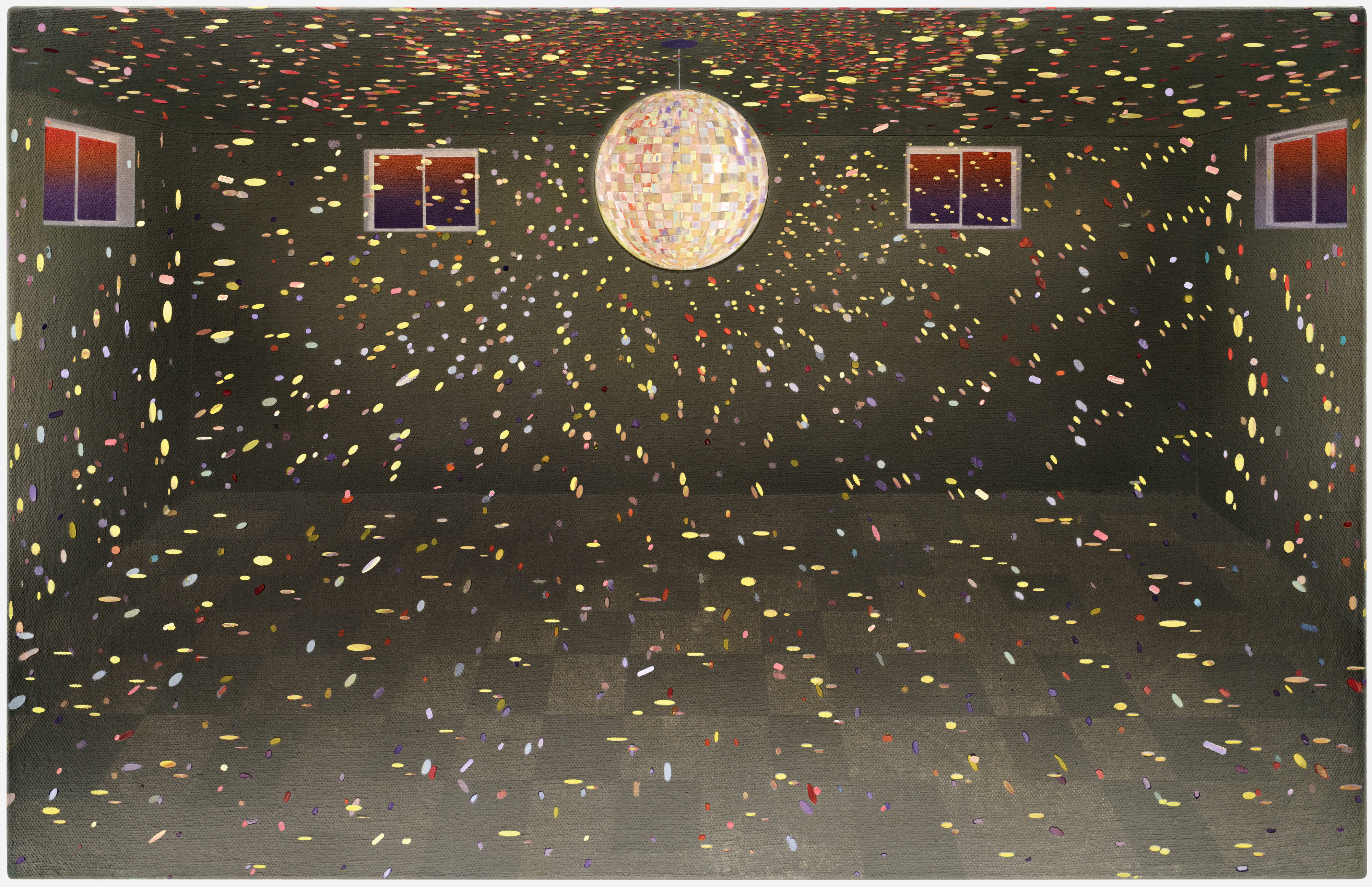 A dark interior space with four windows showing twilight skies, centered by a glowing disco ball. Hundreds of colorful confetti pieces and streaks in yellow, red, pink, and blue scatter across the dark walls and floor in dynamic, sweeping patterns, creating an energetic sense of movement and celebration.