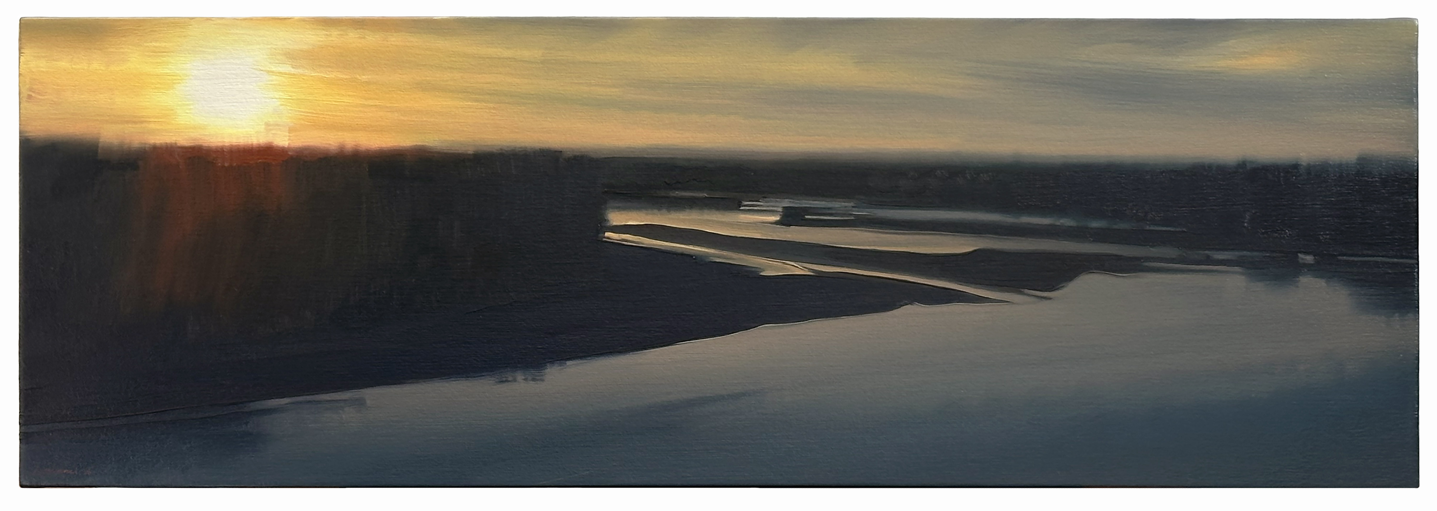 A panoramic landscape painting depicting a river winding through forested terrain at dusk, with warm golden sunlight breaking through the horizon on the left. The water reflects the sky's amber and gray tones, while dark silhouetted trees frame the composition, creating a serene atmospheric scene.